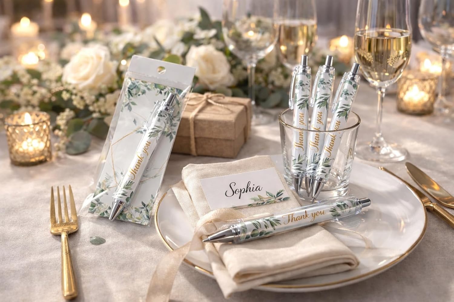 Auch Wedding Favors for Guests – 50 Set Elegant Botanical Thank You Ballpoint Pens with Matching Cards & Bags, Bridal Shower & Wedding Thank You Gifts