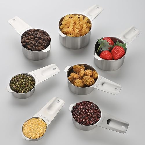 Miniatura 6 de Juego de tazas y cucharas medidoras de acero inoxidable, 7 tazas medidoras apilables, 8 cucharas medidoras anidables y 1 nivelador para ingredientes