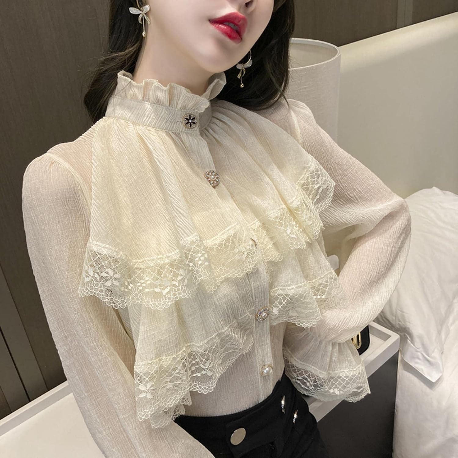 Weiß Viktorianisch Bluse Langarm Gothic Schnürkorsett Top Frauen Büro Renaissance Vintage Party Goth Rüschen Lolita Hemden, Apricot, M