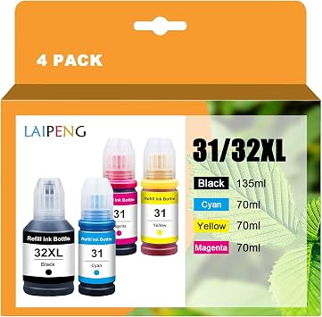 31 32XL 32 XL Ink Refill Bottles Compatible for HP Smart Tank 7301 7001 7602 6001 5101 5102 Plus 651 551 455 457 450 All-in-One Ink-Tank Printers 4 Color 135ML 32XL Black Ink, 70ML 31 Color