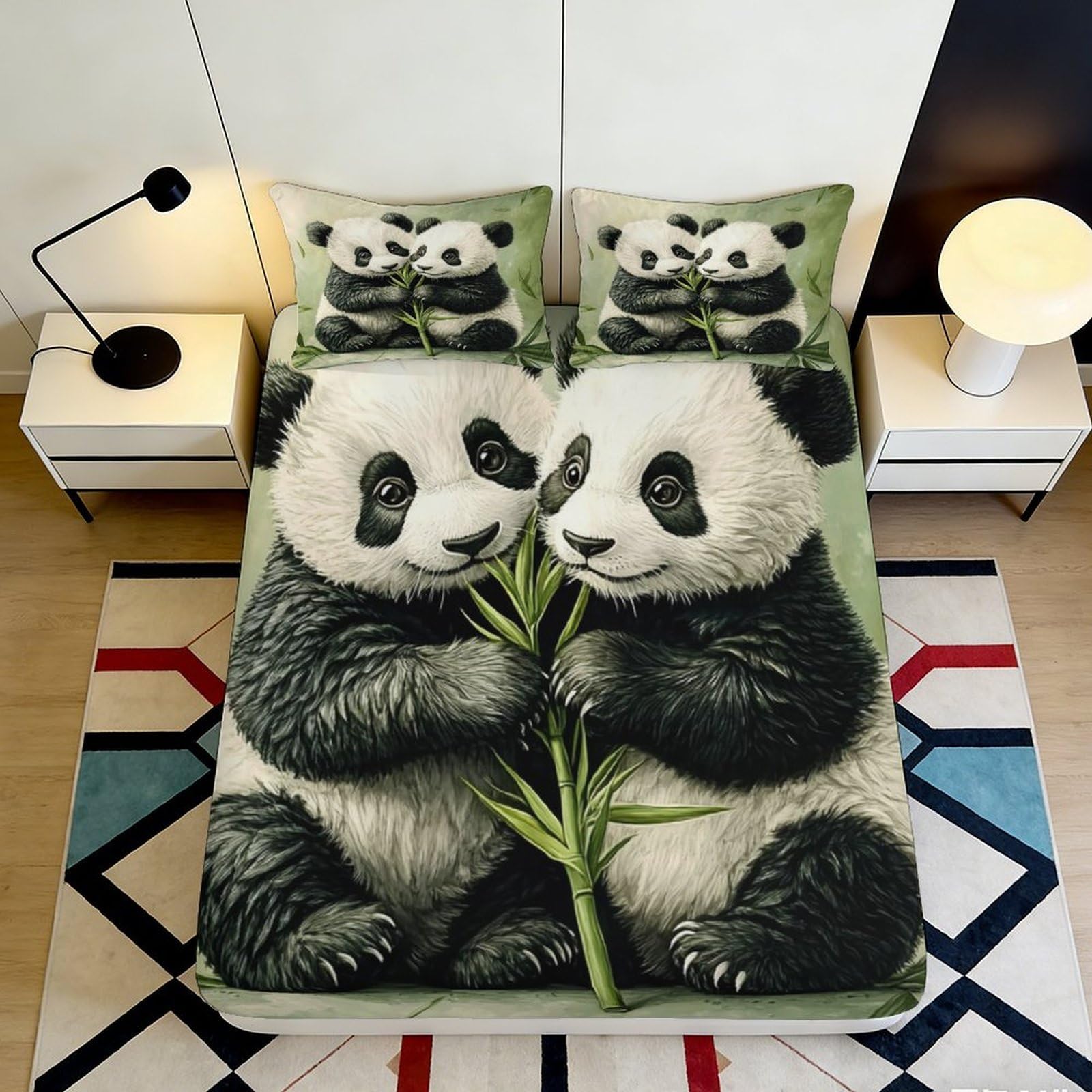 3D Printed Cute Panda Fitted Sheet Microfiber Soft Black White Bamboo Mattress Cover for Bedroom Guest Room Dorm Decor, Easy Care 180x200x25cm