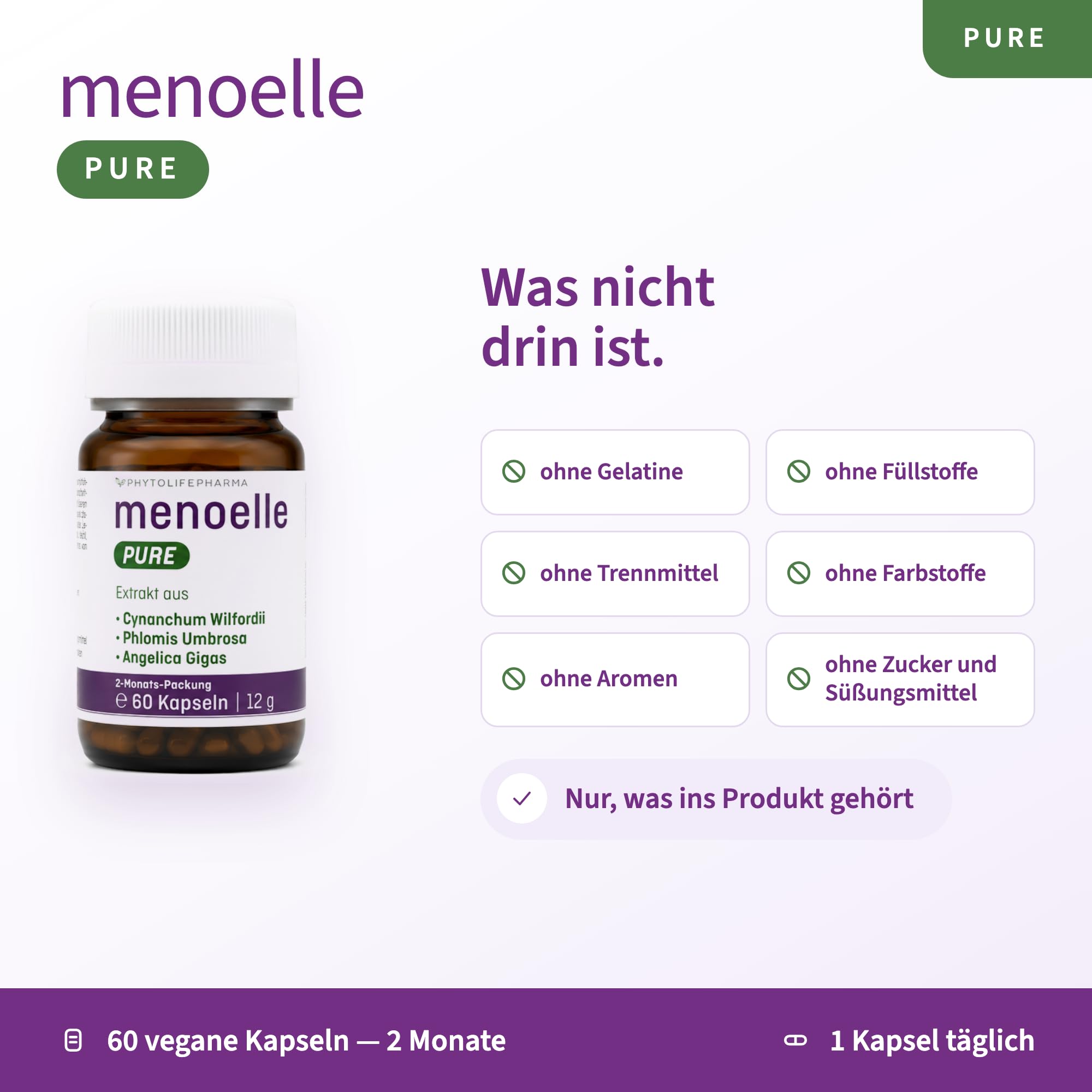 menoelle PURE – EstroG-100 Extrakt aus 3 Wurzeln – 60 vegane Kapseln