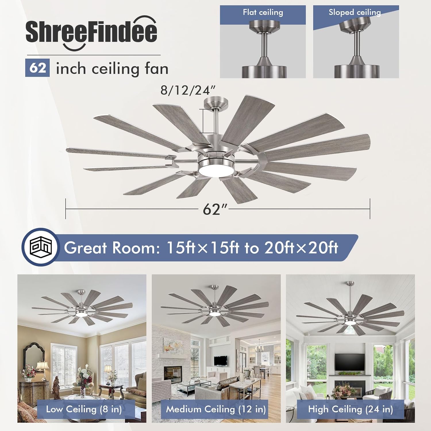 62 Inch Ceiling Fan with Light Remote, Modern Farmhouse Industrial 12 Blade(Sliver/Oak), High CFM Quiet Reversible DC Motor, Damp Rated Indoor Outdoor Ceiling Fans for Patios Garage Porch Barn Gym