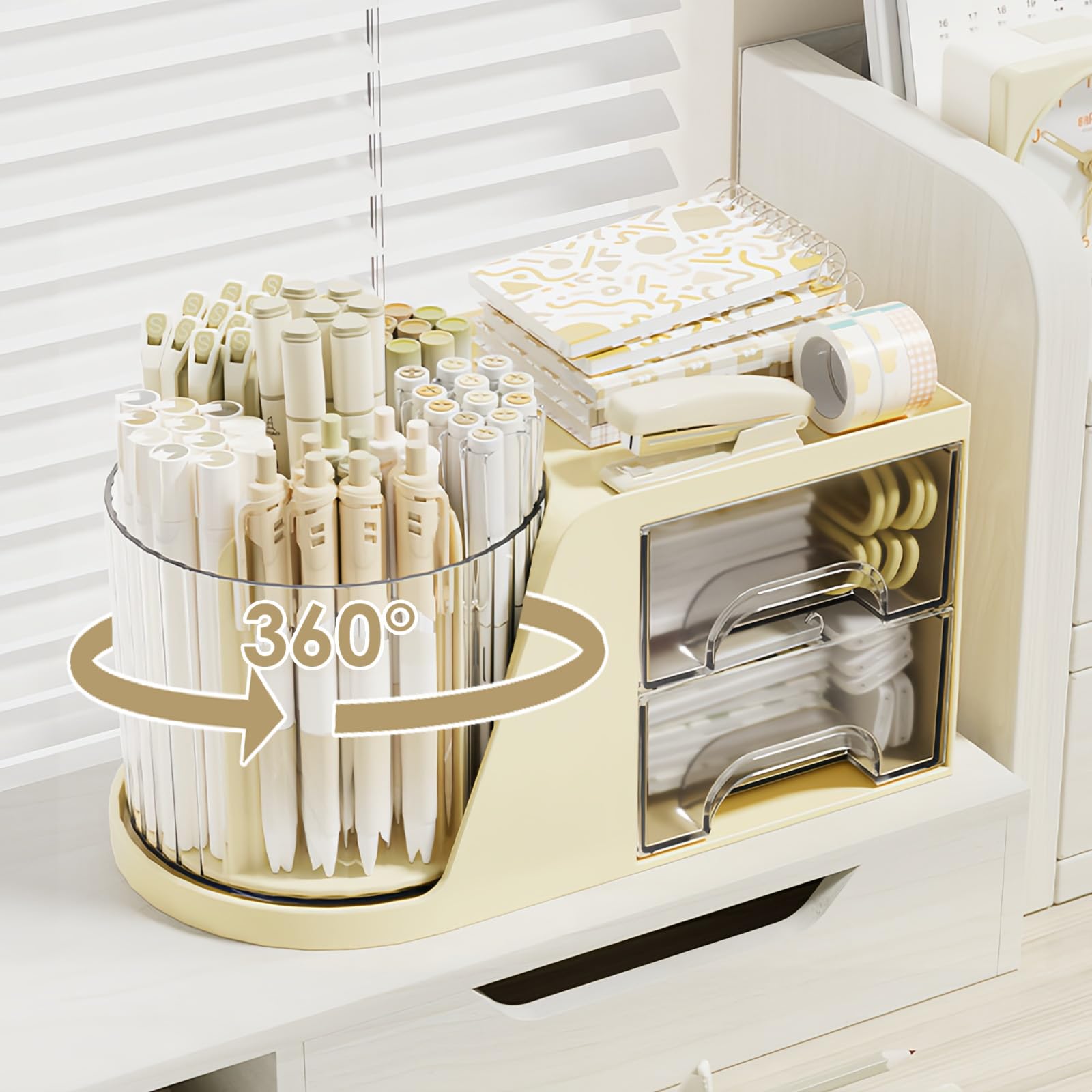 Foyucool Organizador Escritorio Giratorio 360° con 2 Cajones, Multifuncional Portalapices Escritorio, Desk Organizer, Organizador de Maquillaje, con 6 Ranuras, para Oficina, Cosméticos, Escuela, Beige