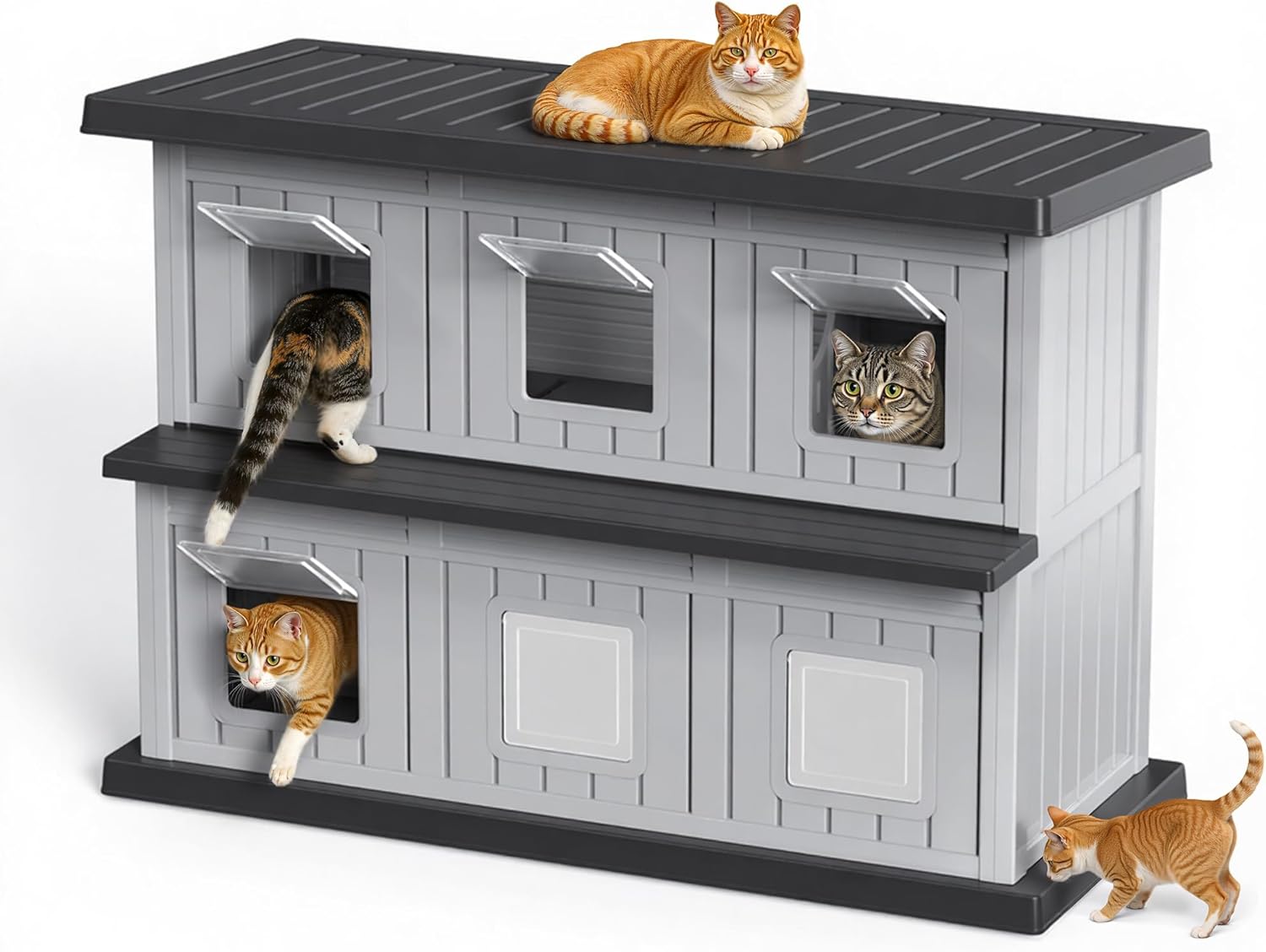Insulated Outdoor Cat House Weatherproof, Large Outside Feral Cat Houses for Outdoor Cats, Double-Decker Cat Shelter with Adjustable Window & Balcony, Easy to Clean (Black, 51.97"*26.42"*37.28")