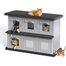 Insulated Outdoor Cat House Weatherproof, Large Outside Feral Cat Houses for Outdoor Cats, Double-Decker Cat Shelter with Adjustable Window & Balcony, Easy to Clean Black, 51.97"*26.42"*37.28"