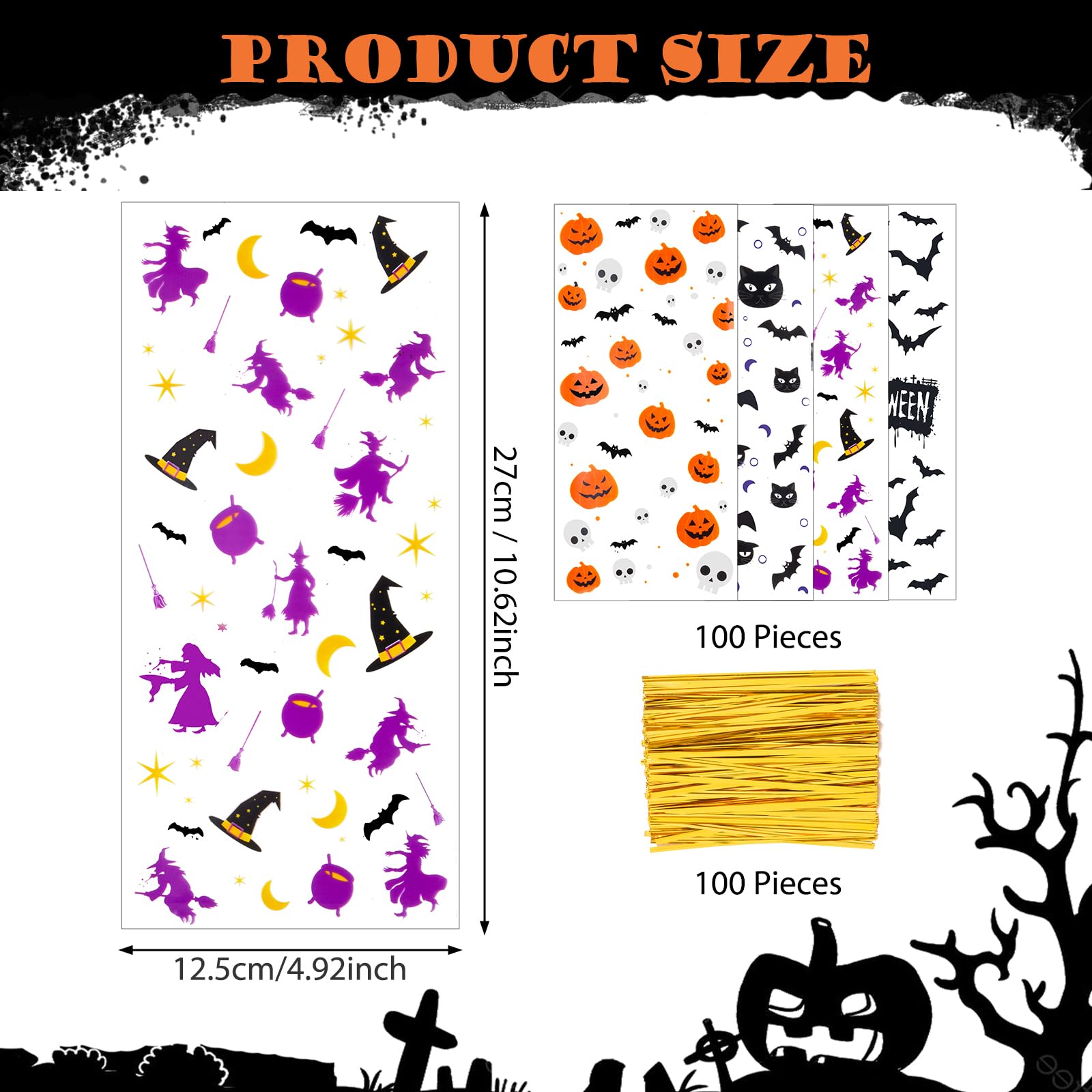 RICEDUO Torebki na słodycze na Halloween, 100 sztuk, przezroczyste torebki na słodycze, słodkie słodycze, torebki na prezent z twist krawaty, torebki na Halloween, upominki dla dzieci, Halloween