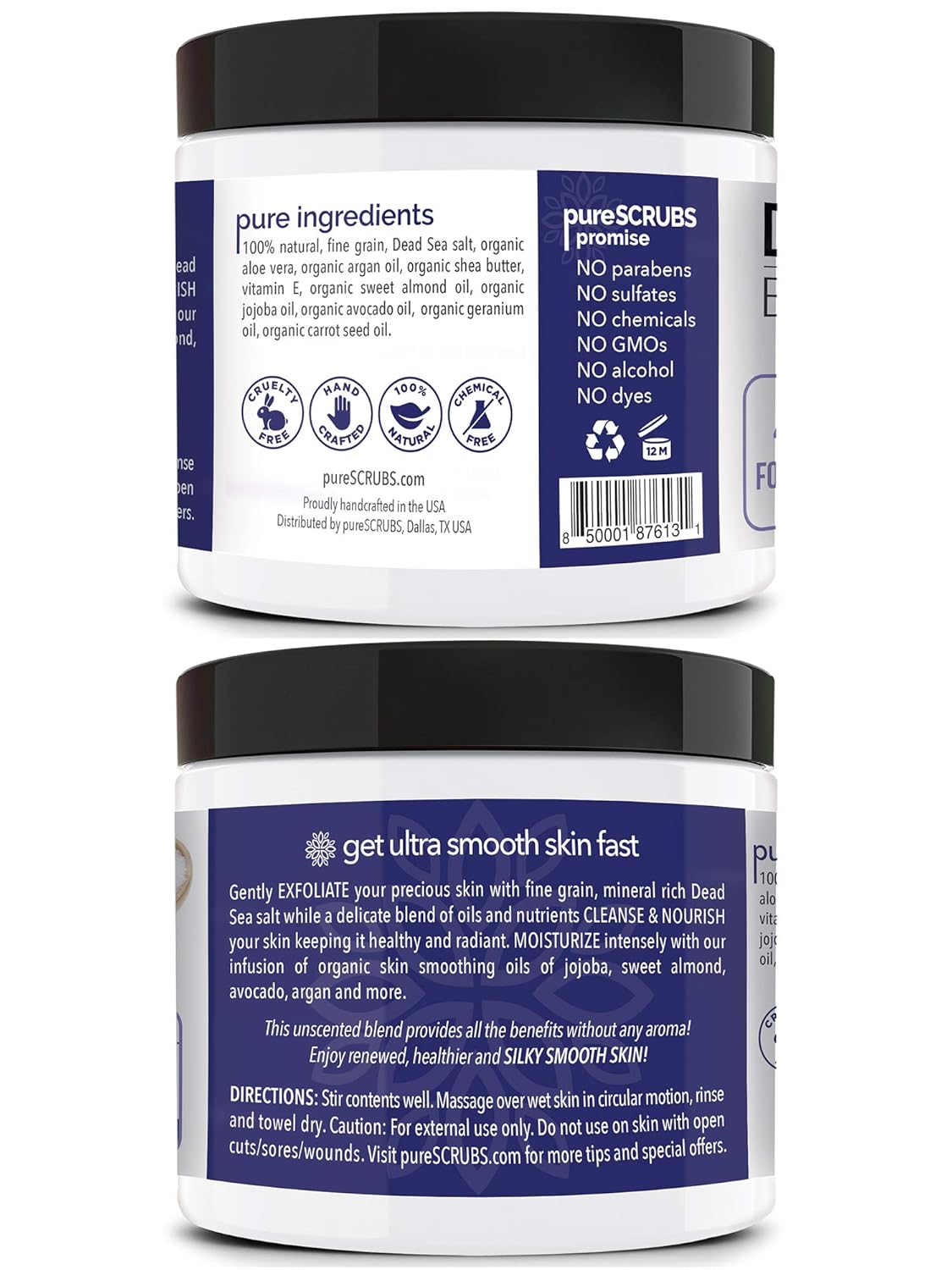 pureSCRUBS Premium Unscented Body Scrub Set - Large 16oz Dead Sea Salt Body Scrub With Infused Essential Oils & Nutrients, Includes Wooden Spoon, Loofah & Oatmeal Exfoliating Bar Soap - Image 2