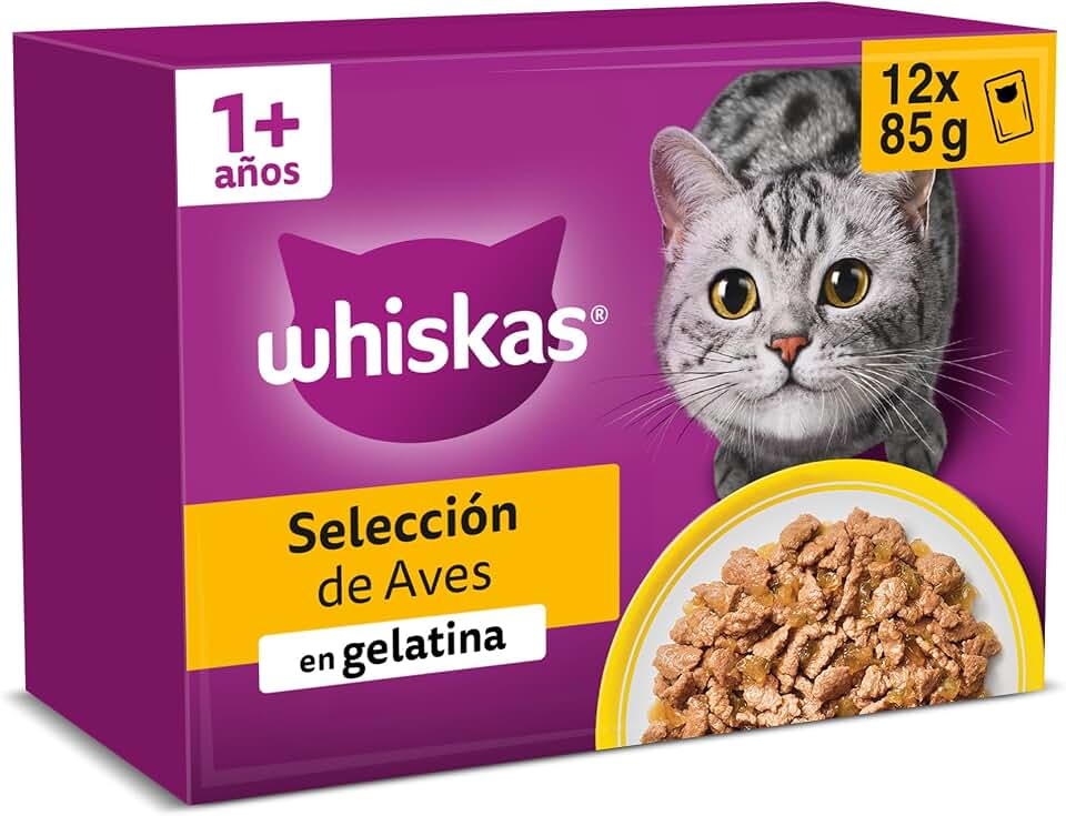 WHISKAS Comida húmeda en gelatina Gatos Adultos Selección de Aves - 4 x 12 bolsitas x 85g