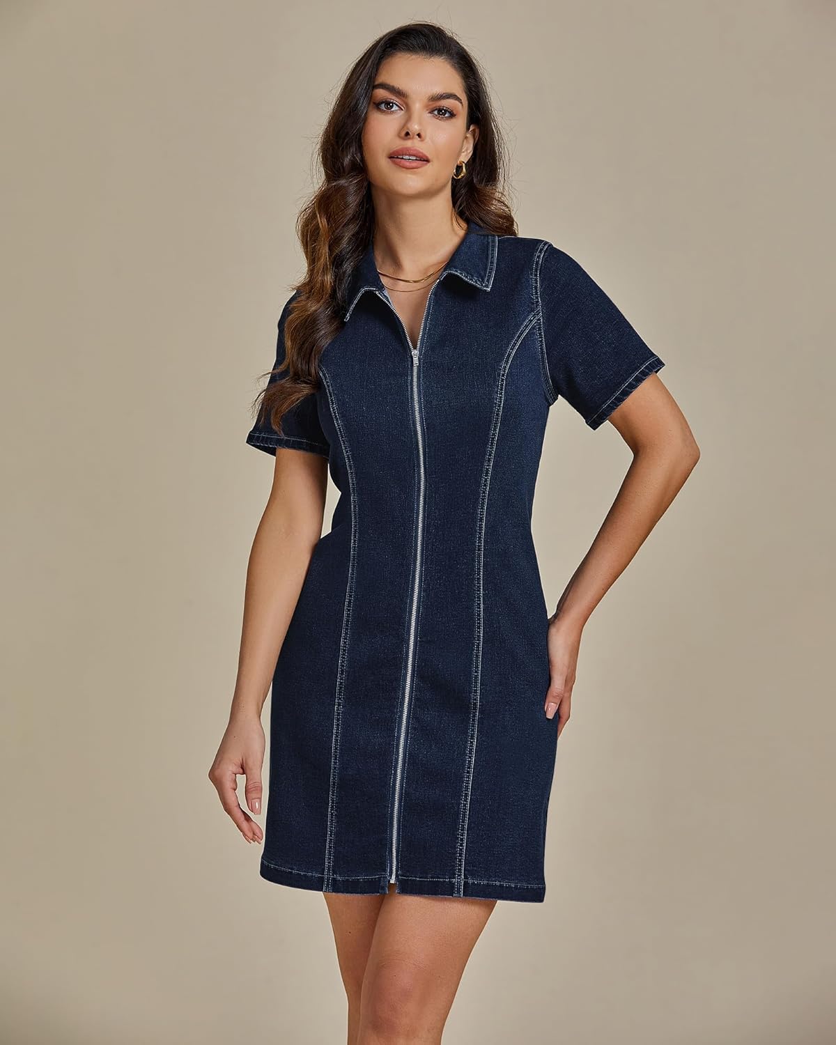 luvamia Denim Dresses for Women Summer Casual Zip Up Short Sleeve Western Short Stretchy Jean Dress with Pockets - Image 4