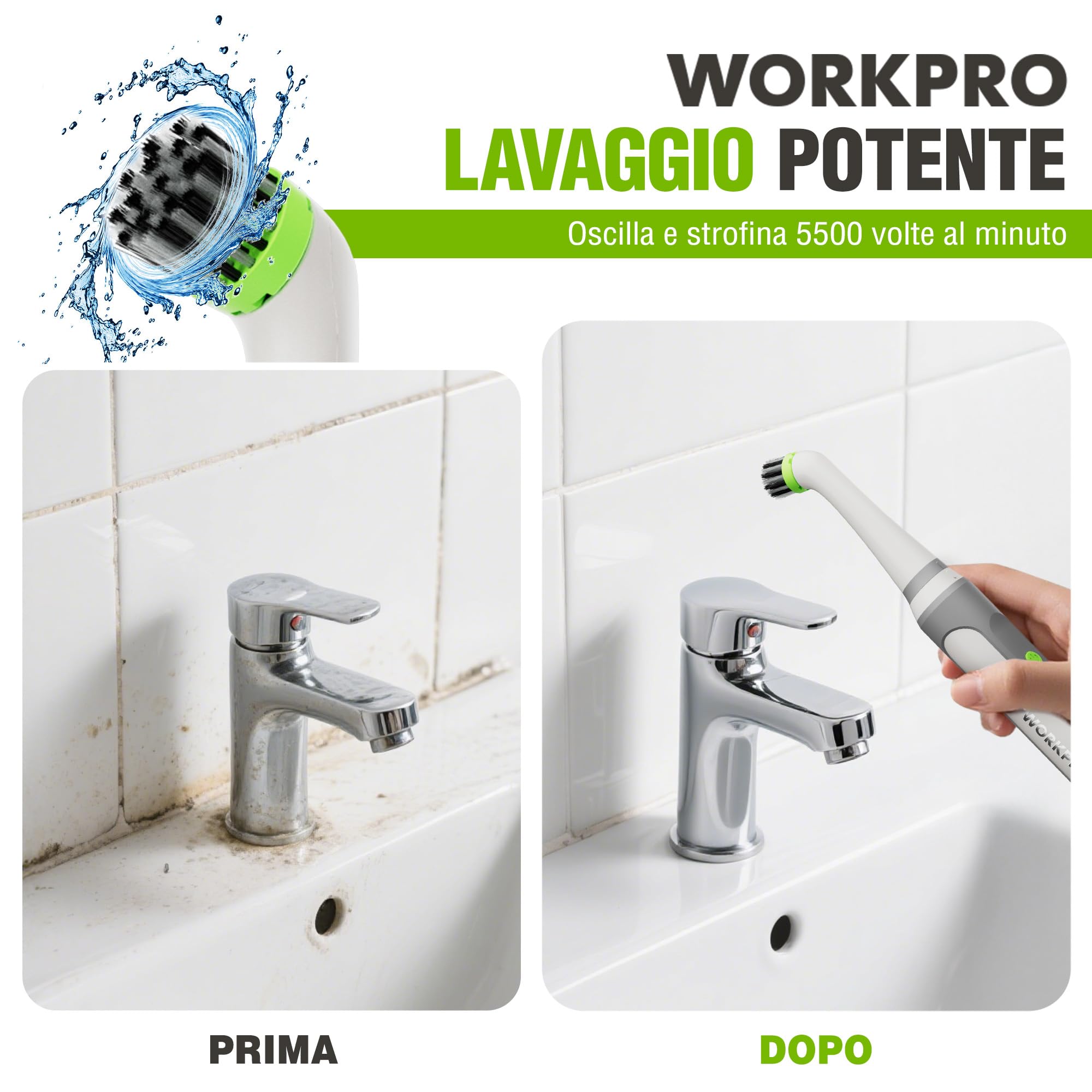 WORKPRO Spazzola Elettrica per la Pulizia per la Casa, 5500RPM, Imppermeabile IPX6 con Cavo di Rica USB-C e Testine Intercambiabili per la Pulizia di Piastrelle,Lavandini e Fughe