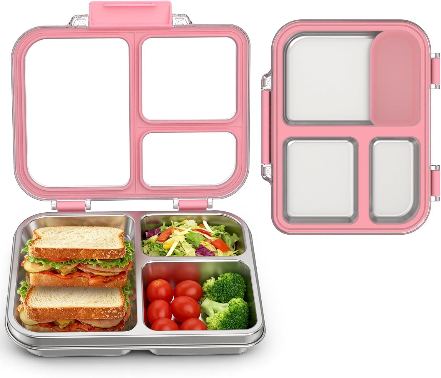 Stainless Steel Bento Box for Kids, 3-Compartment Metal Lunch Box with Clear Lid & Removable Silicone, Lunch Box Kids with Silicone Inner Container for Meal Prep, School, Office (Blue)