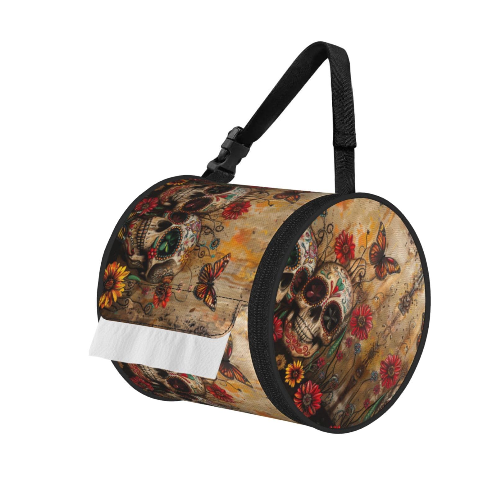 Sugar Skulls Butterfly Print Cylinder Bathroom Tissue Holder With Buckle Strap, Portable Paper Case For Road Trips