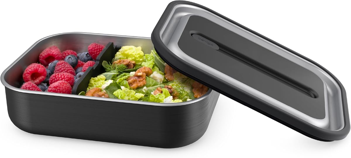 MicroSteel Leak-Proof Bento Lunch Box, Microwave & Oven-Safe | 5-Cup Capacity, Removable Divider, Airtight Lid, BPA & PFAS-Free, Top-Rack Dishwasher-Safe (Carbon Black)