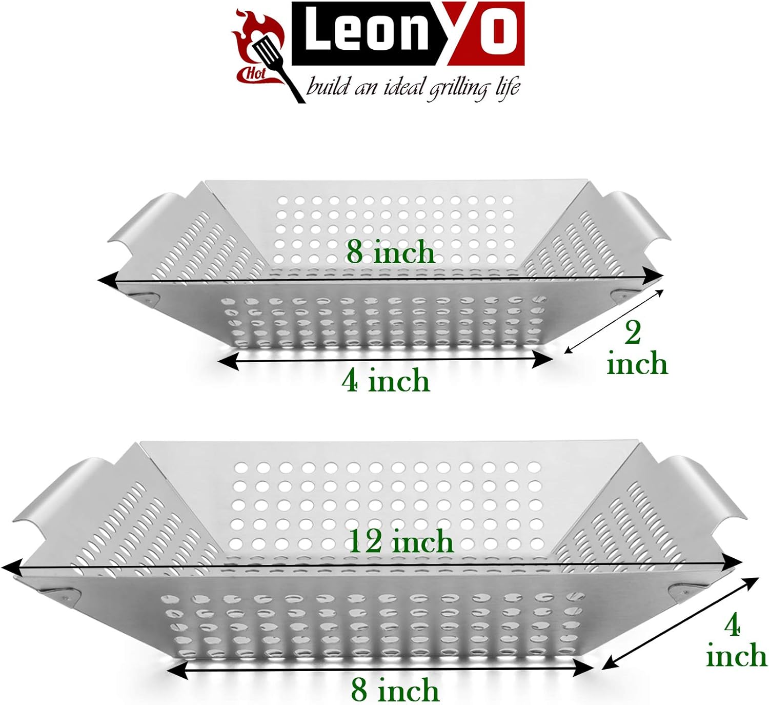 Leonyo 12" & 8" Grill Basket for Vegetables & Meat – 3PCS Heavy Duty Grill Utensils Set, Built to Last Stainless Steel Barbecue Grilling Accessories for All Grills & Smokers & Veggie, Grilling Gift : Patio, Lawn & Garden