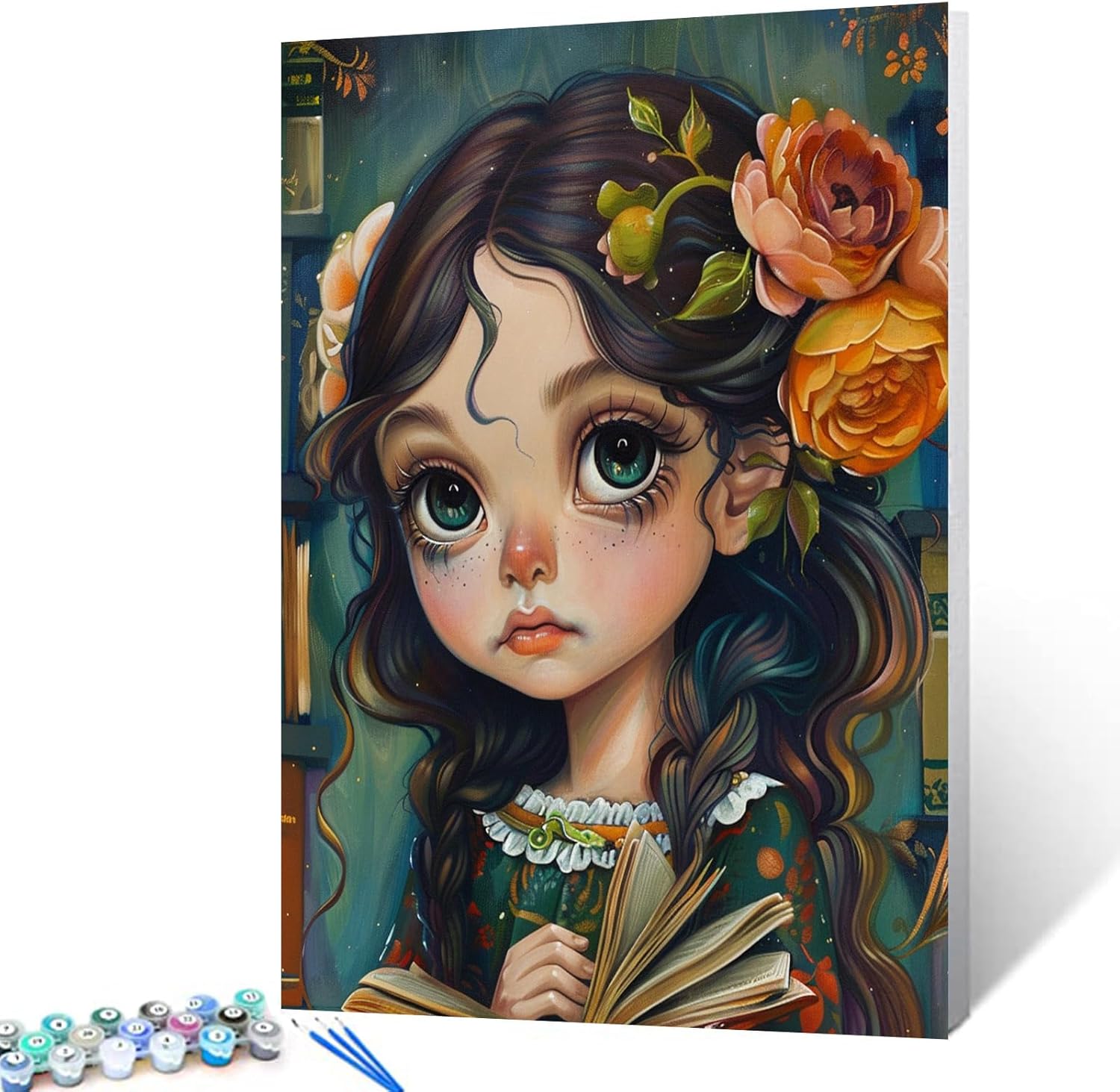 Female Student Open The Book Paint by Numbers for Adults Graffitic Library Scene DIY Acrylic Watercolor Paintwork for Kids Beginners Cute Girl Painting Arts Craft Home Decor16X20 inch（DIY Frame)