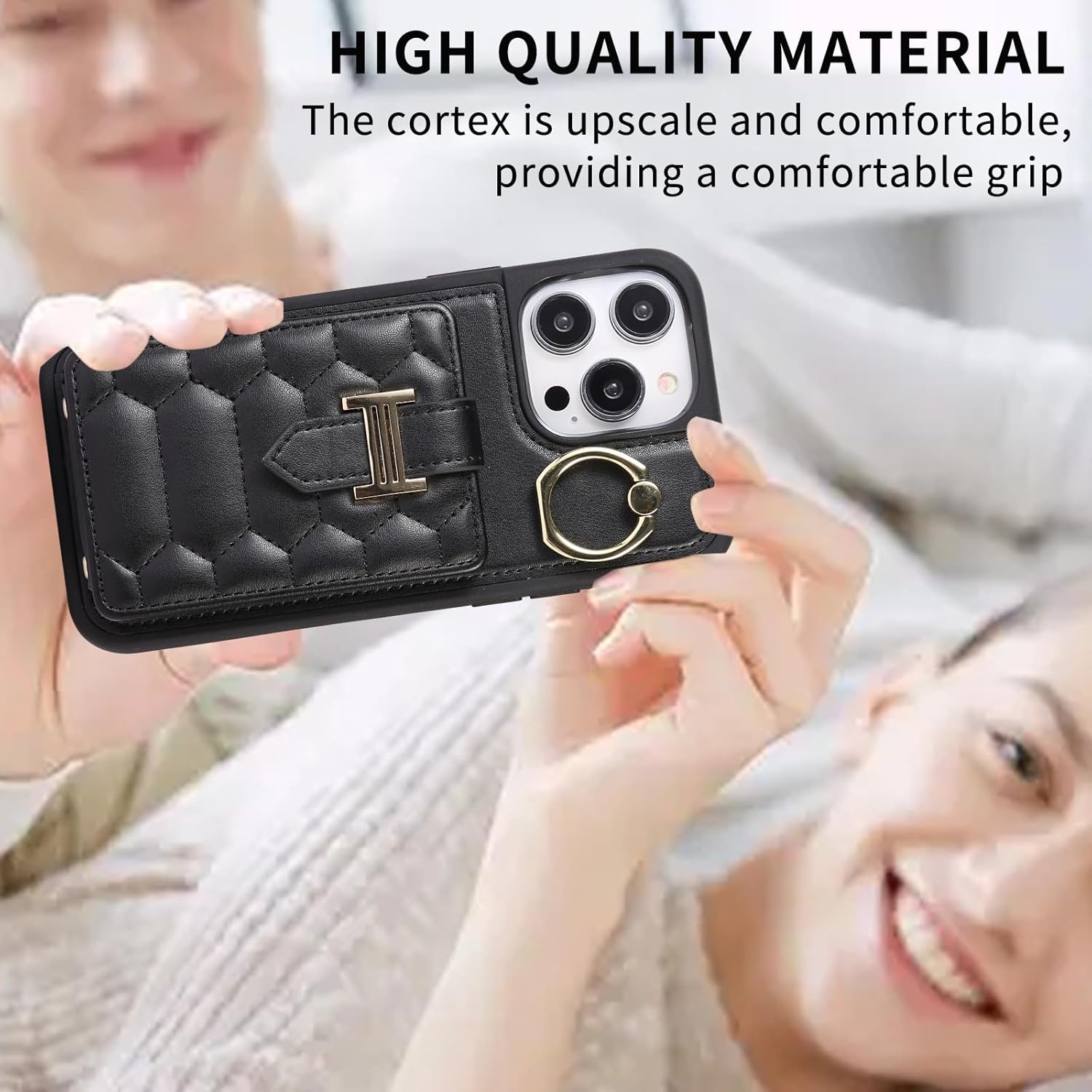 Wallet Case for iPhone 15 Pro Max/15 Pro/15 Plus/15, 360°Rotation Finger Ring Holder Stand Quilted Leather Slim Protective Cover with Card Slots Shoulder Strap Wriststrap