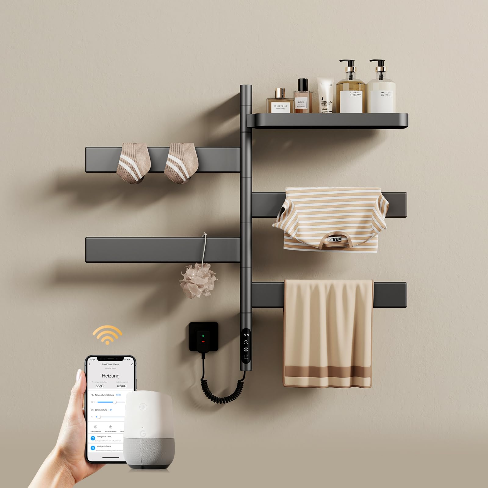 EMKE Toallero Eléctrico Giratorio WiFi, 77x45 cm, Estante,Antracita | Radiador Toallero de Pared con Estante, Fibra de Carbono, 6 Modos,Bajo Consumo,2 formas de instalación