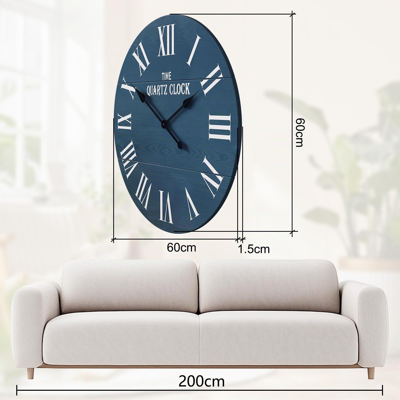 Orologio da parete in legno, 60 cm, facile da leggere, silenzioso, grande, rotondo, per casa, cucina, soggiorno, ufficio, decorazione da parete, blu