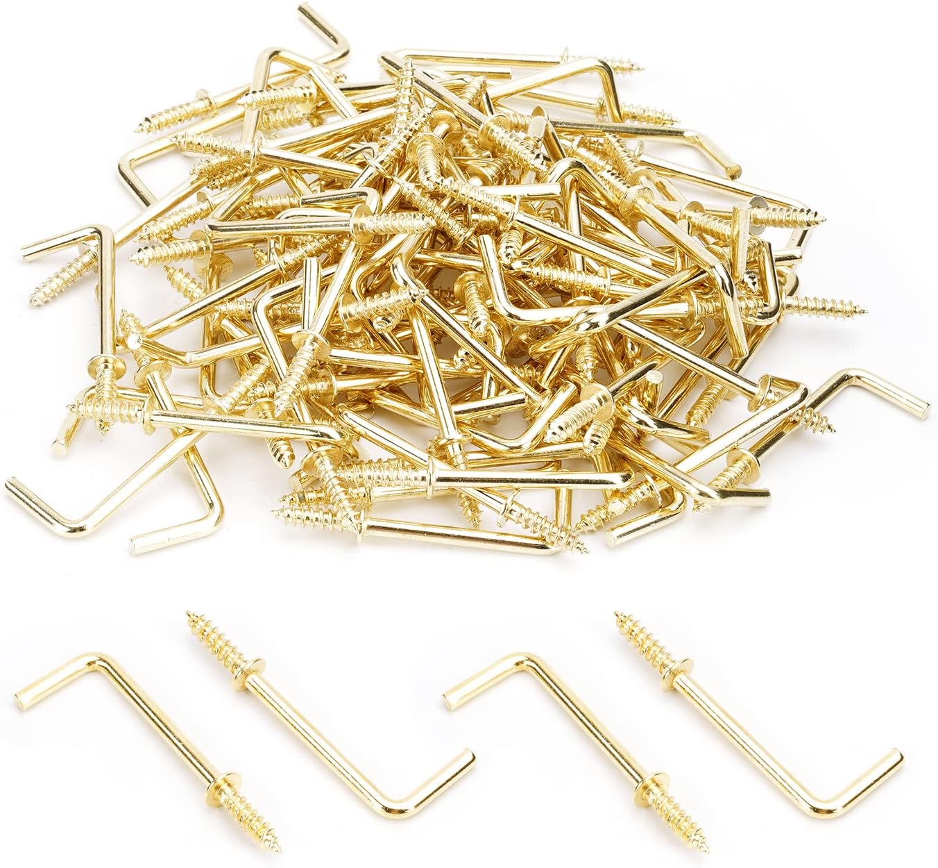 MroMax 11/2" 100Pcs Gold Screw in Hooks L Shape Hooks Carbon Steel 1 Shape Right
