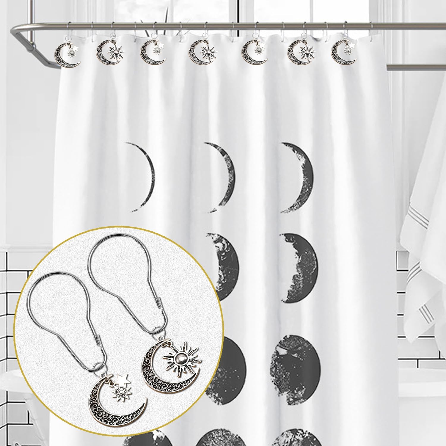 12 Pieces Shower Curtain Hooks, Decorative Moon Star Sun for Bathroom, Rust Proof Metal Stainless Steel Curtain Ring Gothic Bathroom Set Mid Century Abstract Boho Shower Curtain Hooks image 3