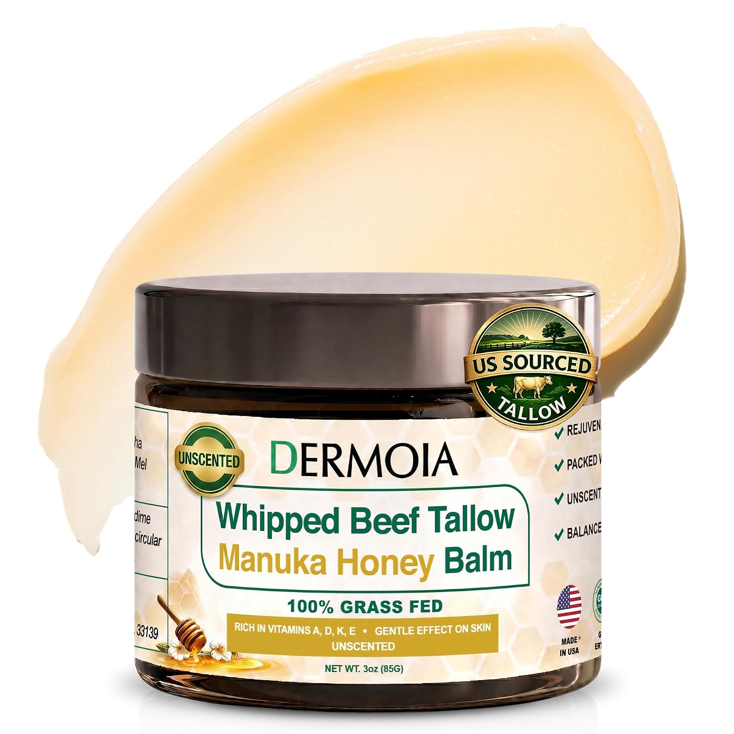 Unscented Grass Fed Beef Tallow for Skin with Manuka Honey - Hydrating Face Moisturizer - Whipped Beef Tallow and Honey Balm for Dry and Sensitive Skin, Kids & Eczema Prone Areas