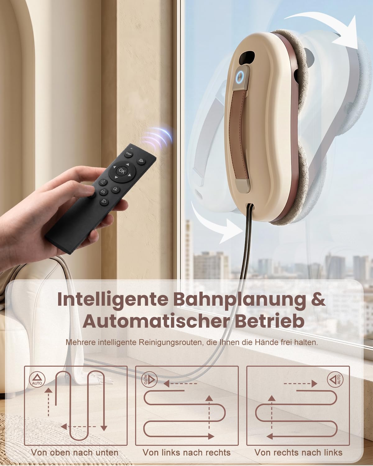 Robofun Fensterputzroboter, 6000Pa Fensterroboter, 100 ml Wassertank