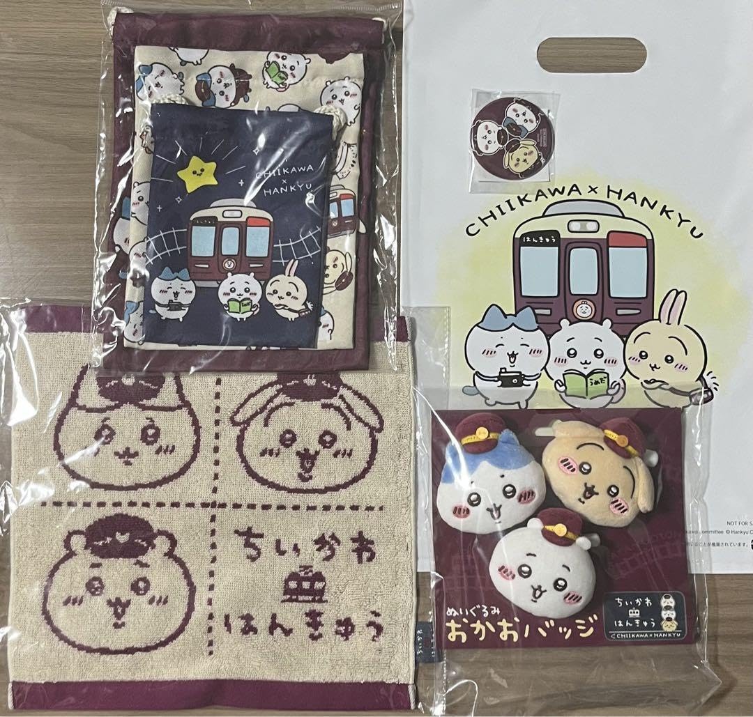 値下げちいかわ 阪急電車 阪急電車なマスコット、おかおバッチ、巾着