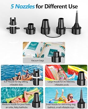 Electric Air Pump for Inflatables, AC 220V-240V 2.0PSI Quick-Fill High Power 200W Inflator Deflator Pump for Airbed Mattress, Paddling Pool, Float, Raft, Boat With 5 Nozzles