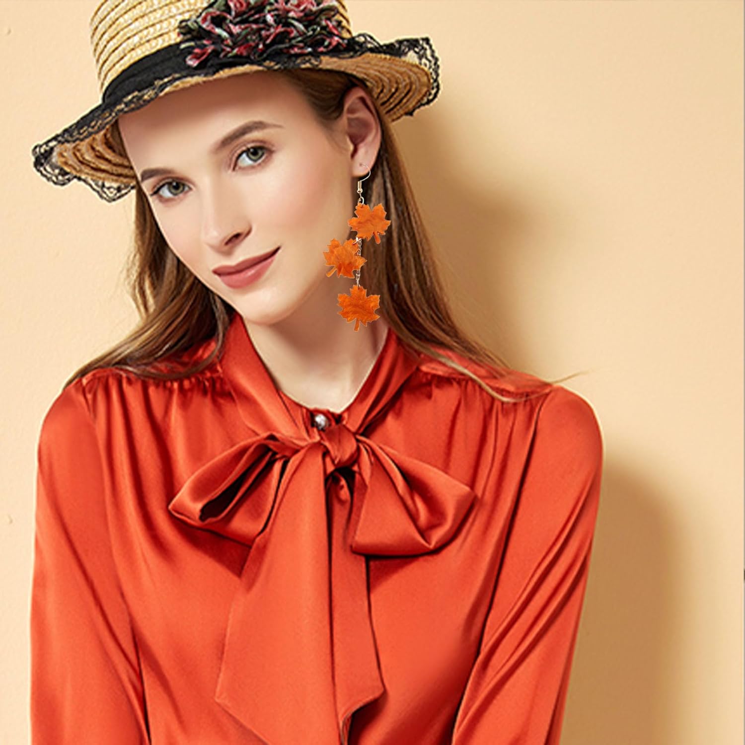 Thanksgiving Acrylic Maple Leaf Earrings for Women Lightweight Fall Leaf Drop Dangle Earrings Holiday Party Festive Jewelry - Image 2