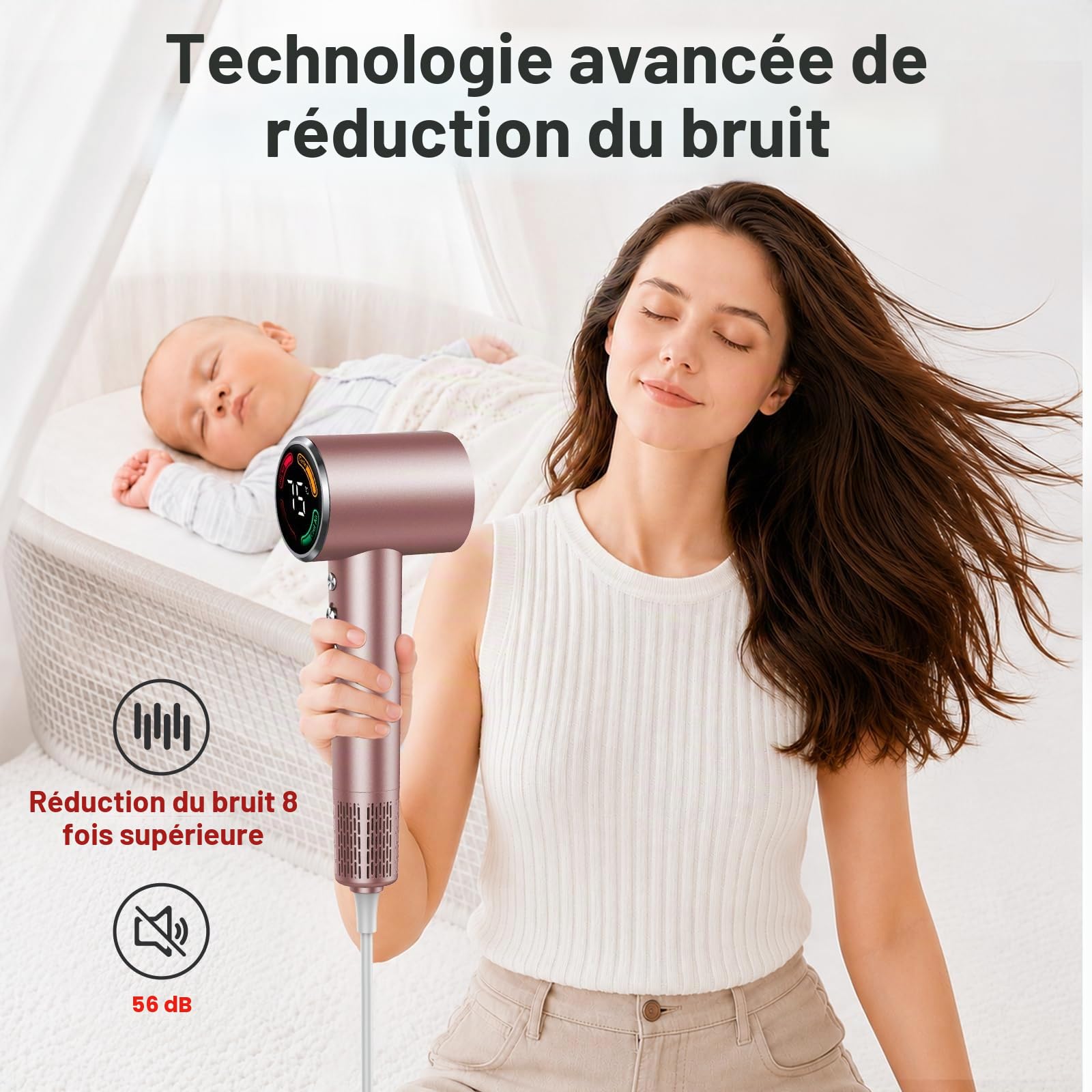 Sèche-cheveux ionique professionnel 160 000 tr/min, Séchage 5X Plus Rapide, 500 Millions d'Ions Négatifs Anti-Frisottis, Silencieux 56 dB, Écran LED, Diffuseur pour Cheveux Bouclés
