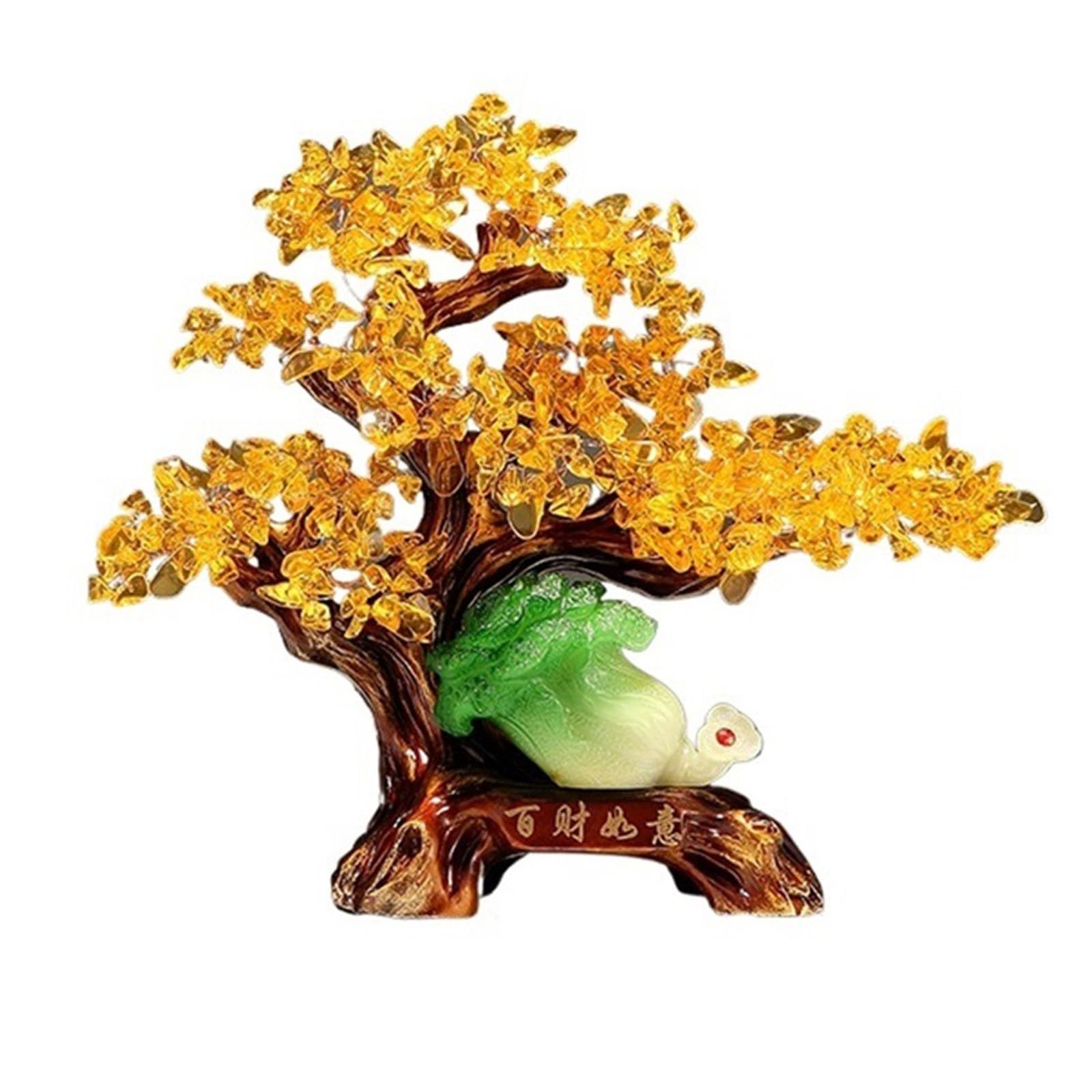 Home Decor Crystal Money Tree Feng Shui Statue Wealth Decoration | Fortune Gem for Home Office Decor, Spiritual Ornament Bonsai(Gold)