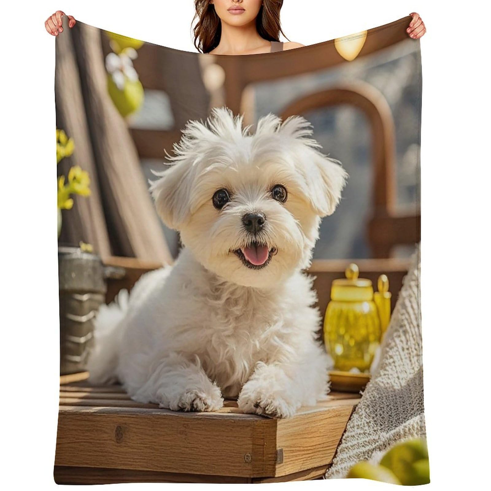 Cute Maltese Puppy Dog Throw Blanket for Couch and Bed Super Soft Warm Lightweight Throw Blankets Cozy Fuzzy Flannel Blanket Personalized Decorative Blankets for Sofa Decor 50"x60"