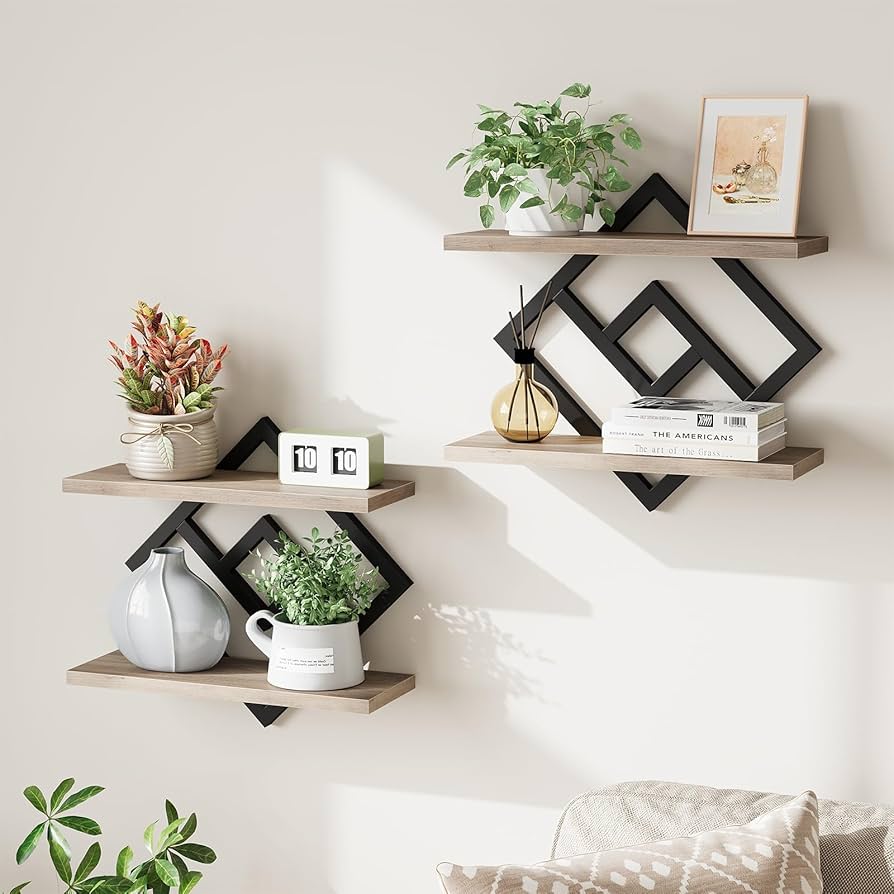 ELYKEN Floating Shelves for Wall, Set of 2 Hanging Shelves, 2-Tier Wall Mounted Storage Shelves for Books & Decor, Perfect for Living Room, Bedroom, Kitchen, Home Office, Study, Greige