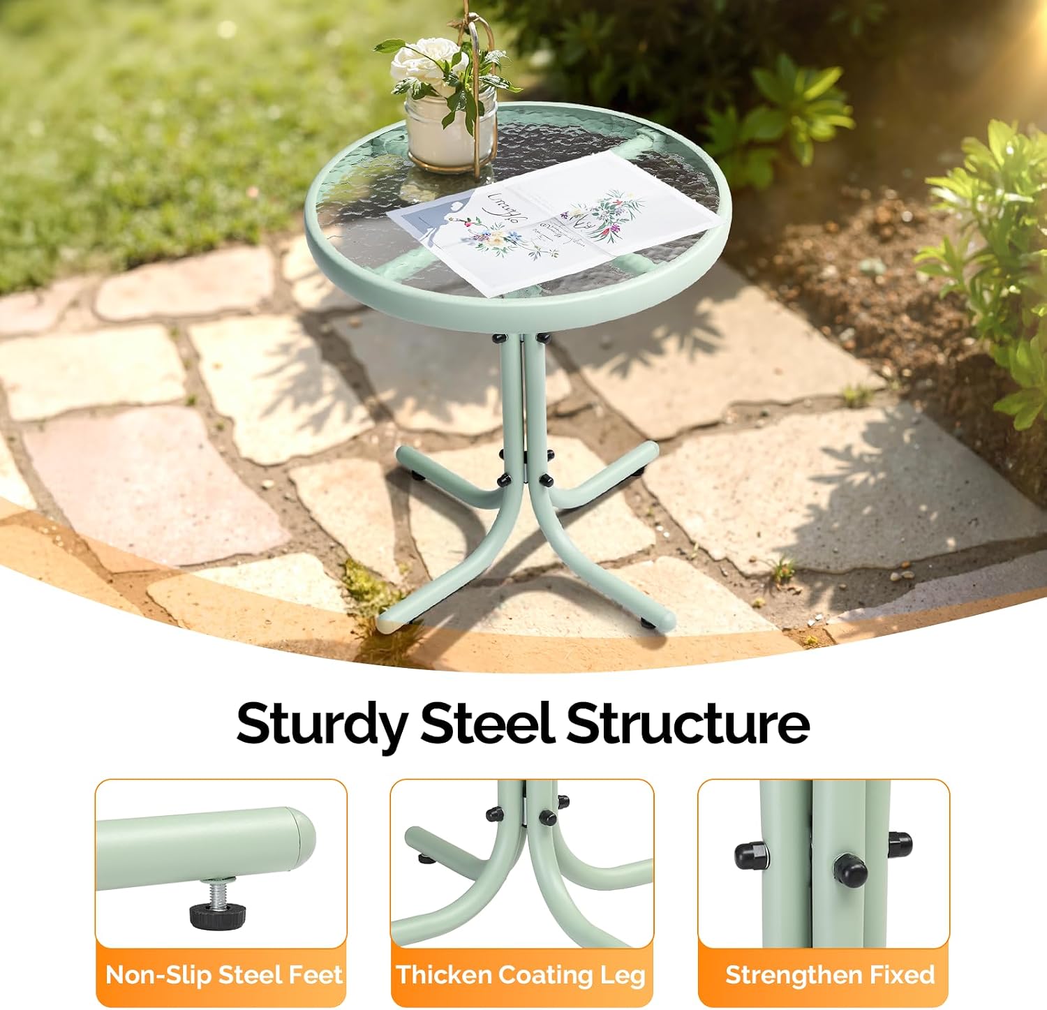 VINGLI Outdoor Side Table, 18" Patio Table Steel Frame Tempered Glass Top, Weatherproof Small Tables for Balcony Garden Poolside (Green, Round)