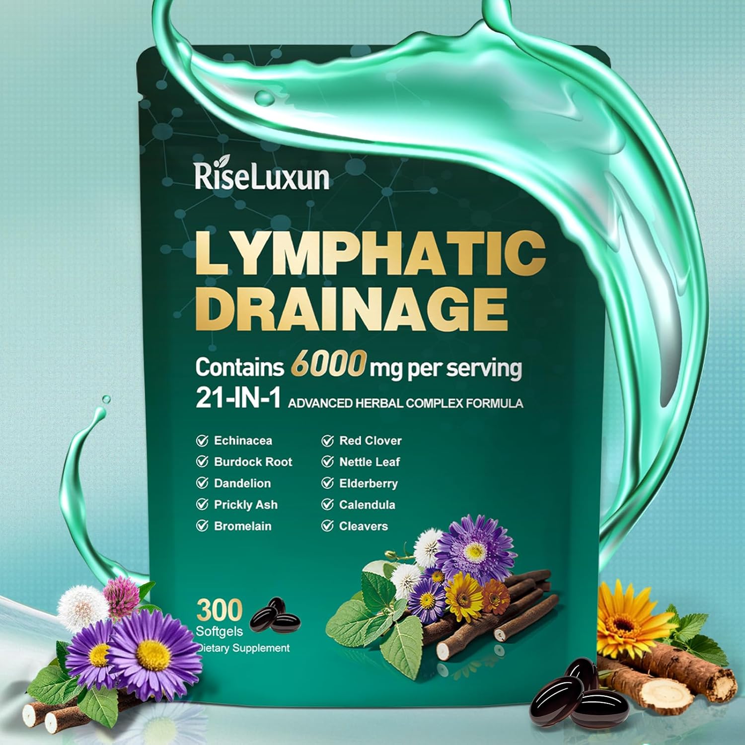 21-in-1 Liposomal Lymphatic Drainage Supplements, 100 Day Supply, 6000mg Lymph System Support for Women & Men with Echinacea, Dandelion, Burdock, Bromelain, Calendula, Turmeric & More, 300 Softgels