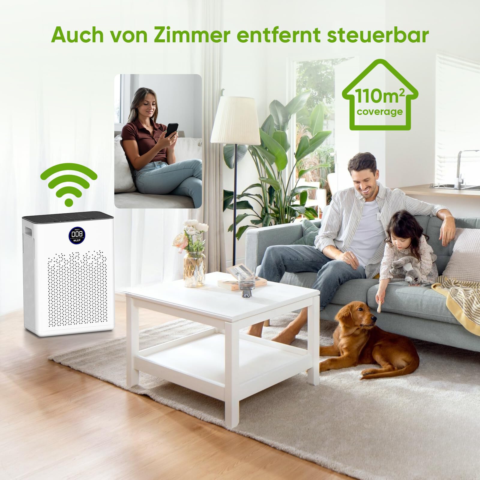 Luftreiniger mit App & Alexa, H14 HEPA Aktivkohlefilter, Smart Luftreiniger für Allergiker, gegen Pollen, Staub, Tierhaare & Gerüche, leiser Schlafmodus, Auto-Modus für Schlafzimmer & Wohnung