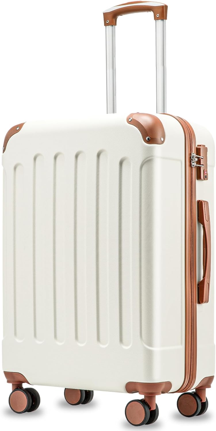 28 Inch Luggage with Spinner Wheels, Hardside Suitcase with Wheels, TSA Approved, White Brown