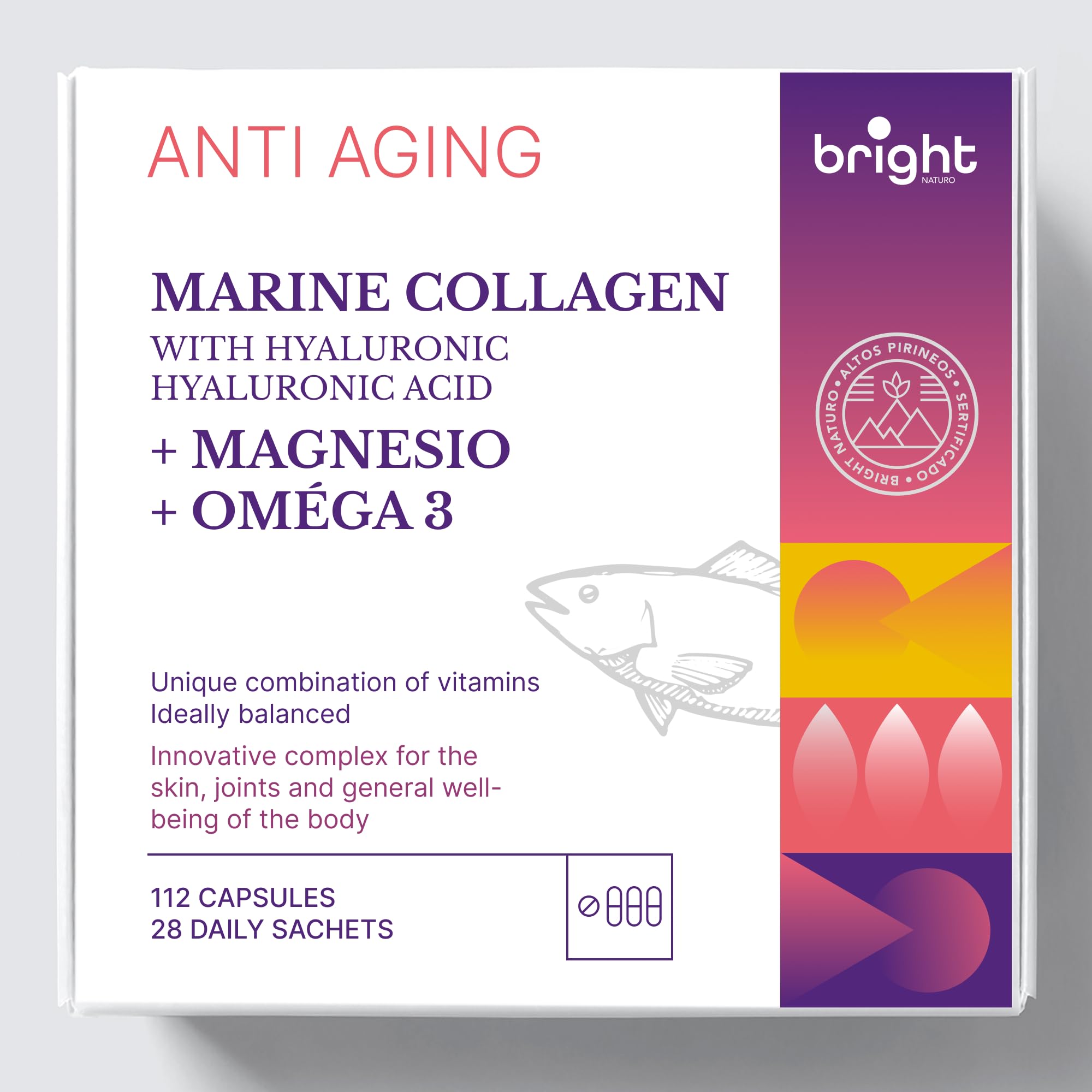 Colágeno marino hidrolizado Ácido-hialurónico + Magnesio + Omega-3. Set único de vitaminas. 100% natural. 28 sachets diarios