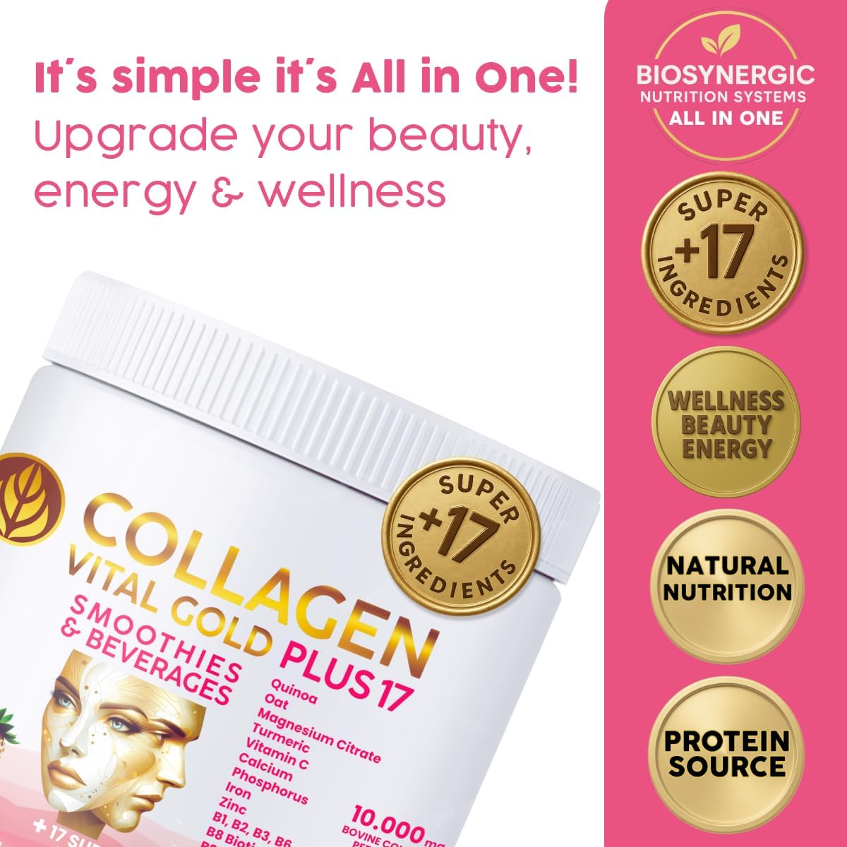 Vital Life, Collagen Peptides Powder +17 Super Ingredients, 1.6 lb (Pack of 6), Red Berries Flavor, Supports Hair, Skin, Nails, Bones, Joints & Digestive Health, Collagen for Women & Men.