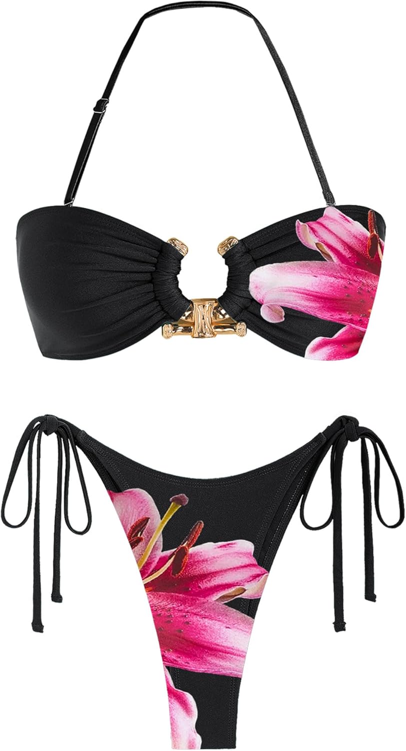 ZAFUL Metal Ring Bandeau Bikini Set Tie Side Bathing Suit High Cut 2 Piece Swimsuit Cutout Swimwear