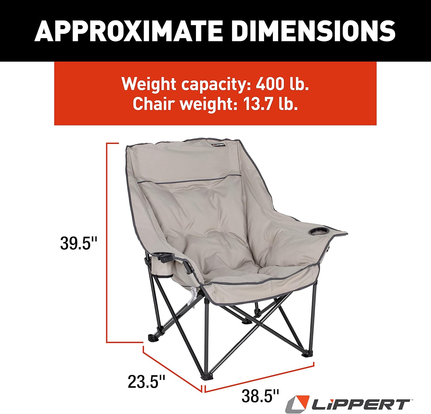 Lippert Big Bear Padded Camping Chair with 400-lb. Weight Capacity, Carry Bag, Durable Mesh Fabrics, High-Loft Cushioning, Dual Cupholders, Stemmed Wine Glass Holder (Sand) - 2021010667