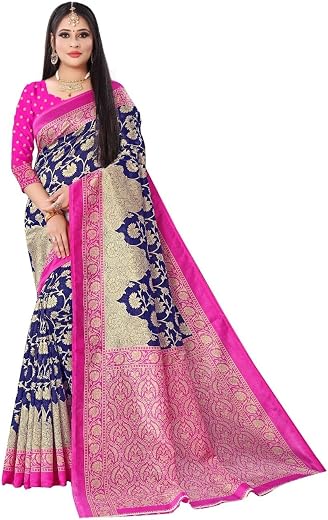 Kanooda Prints Women's Fancy Mysore Art silk Printed Saree Ethnic Flower Pattern_3138_Mysore_Pink-NavyBlue