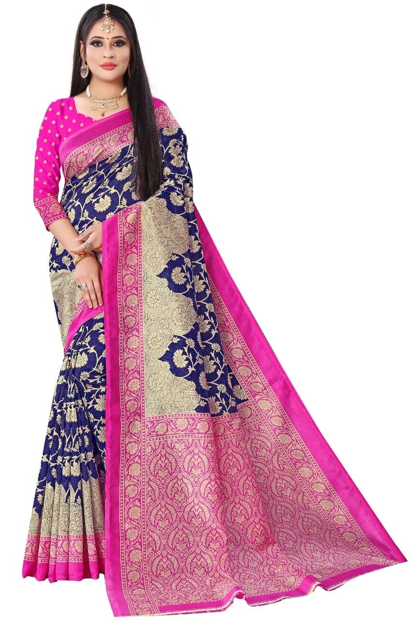 Kanooda Prints Women's Fancy Mysore Art silk Printed Saree Ethnic Flower Pattern_3138_Mysore_Pink-NavyBlue - Review, Price and Buying Guide