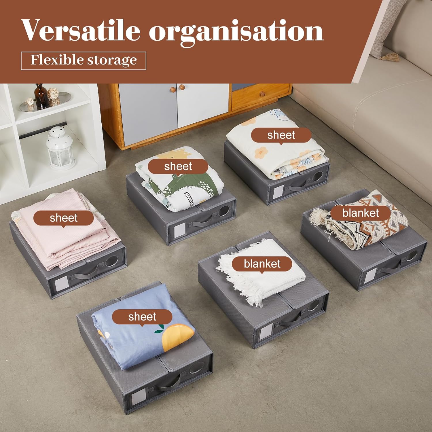 DULLEMELO Bed Sheet Organizers and Storage, Set of 6 Foldable Bed Sheet Storage Box for Linen Closet Organizers and Storage, Bedding Storage Bags with Zipper, Grey Under the Bed Organizer with Window