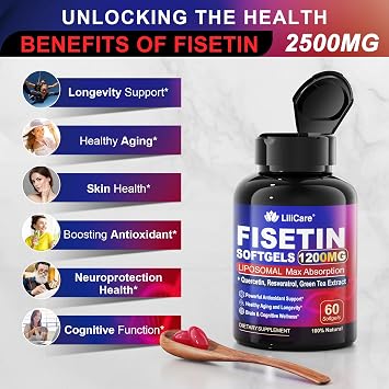 LILICARE Fisetin Supplement - Liposomal Super Absorption 98% Pure 1200mg with Quercetin, Resveratrol, Green Tea Extract for Healthy Aging & Longevity, Skin Health, Brain & Antioxidant - 60 Softgels