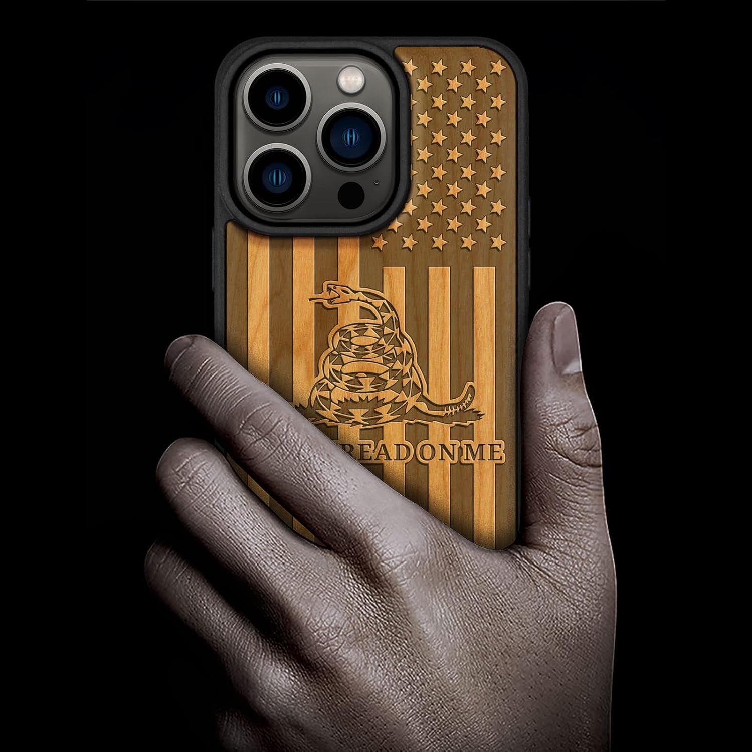 Carveit Magnetic Wood Case for iPhone 14 Pro - Natural Wood & Black Soft TPU - Shockproof Protective Cover - Unique & Classy Wooden Case - Compatible with MagSafe (Gadsden Flag - Cherry)