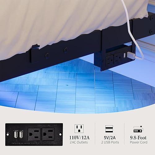 Miniatura 7 de BOFENG Base de cama flotante de tamaño matrimonial con luces LED y estación de carga, plataforma de metal resistente, marco de cama de tamaño