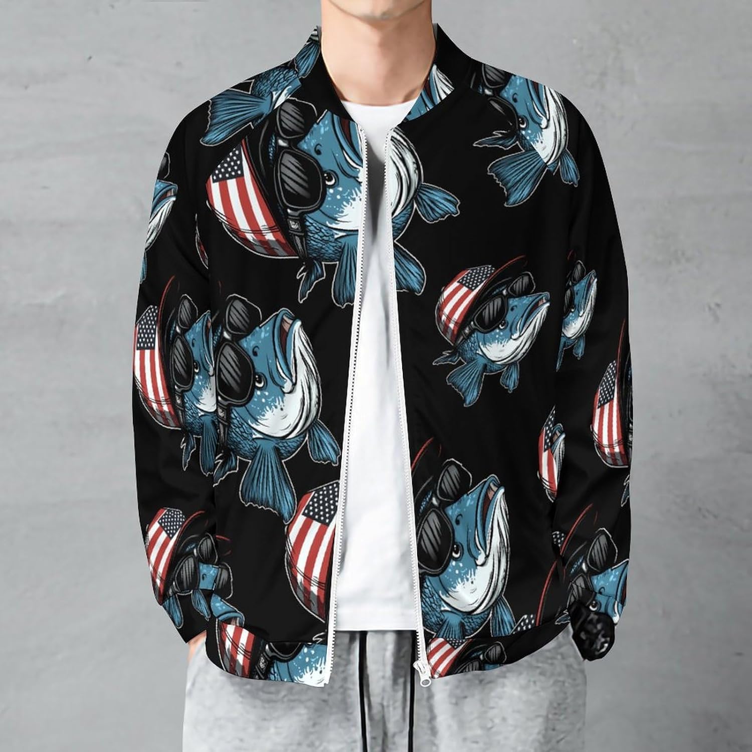 Bass Fish USA Flag Men's Zip Up Sweatshirt Casual Sweater Jackets Long Sleeve Tops Lightweight Coat