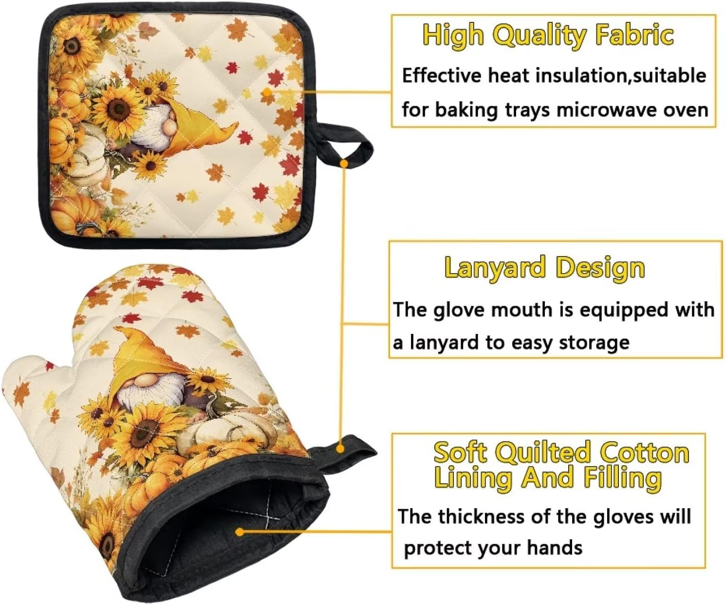 UNICEU Oven Mitts and Pot Holders Set of 4, Sunflower Gnome Print Oven Mitts and Heat Insulation Pad Non Slip Oven Gloves for Cooking Baking Grilling - Image 5